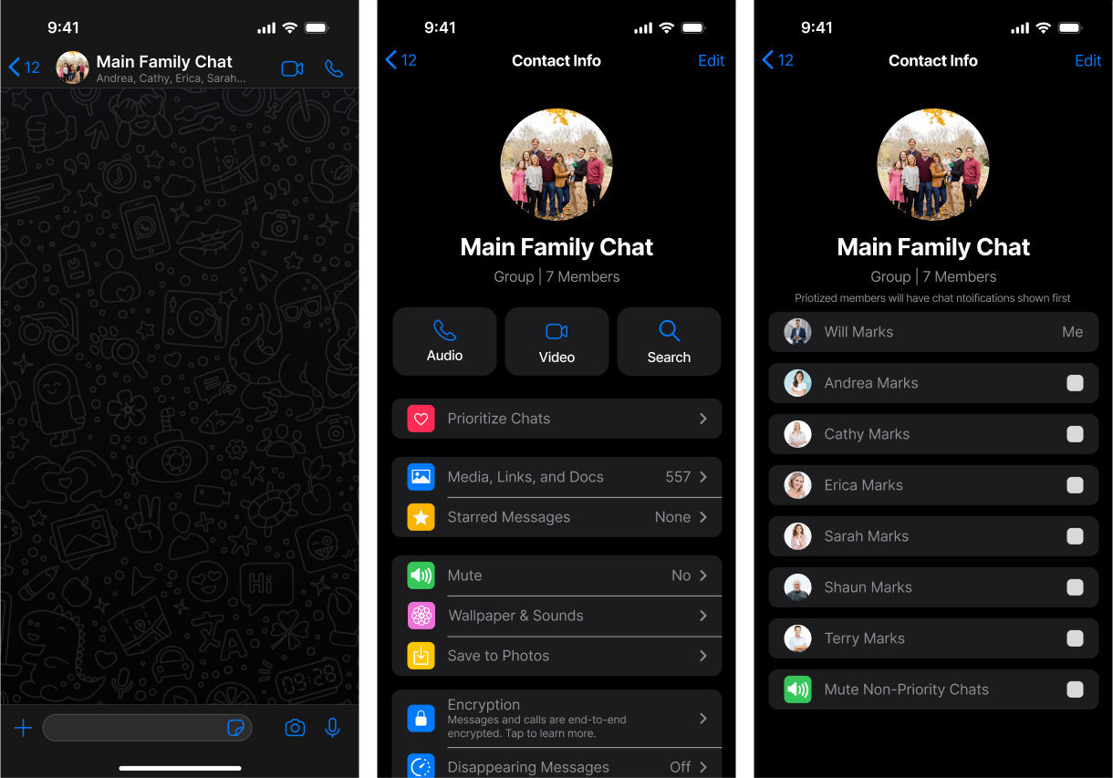 Three phone screens: the family group chat, its Contact Info with a Prioritize Chats row, and the list of members to prioritize.